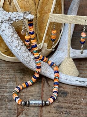 Spiny Oyster, Lapis, Turquoise Heishi and Navajo Pearl Neckkace and Earring Set
